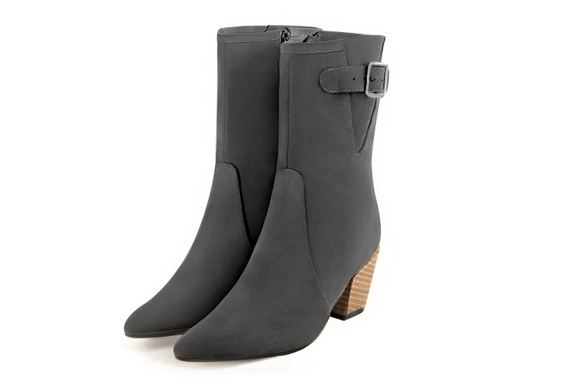 Dark grey women's ankle boots with a zip on the inside. Tapered toe. Medium cone heels. Front view - Florence KOOIJMAN